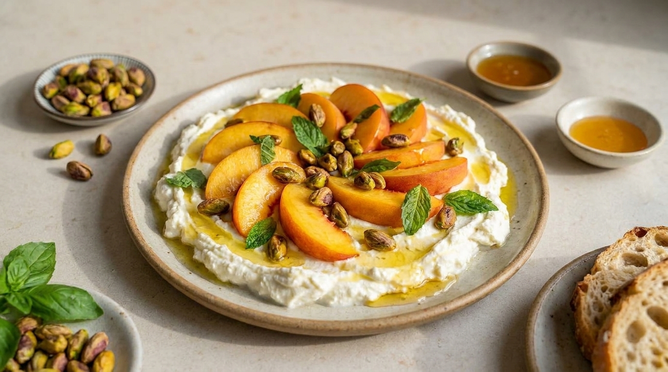Teller mit cremigem Ricotta/Frischkäse, belegt mit Pfirsichscheiben, gehackten Pistazien, Minzblättern und Honig, dazu Schälchen mit Pistazien und Honig sowie Brotscheiben.