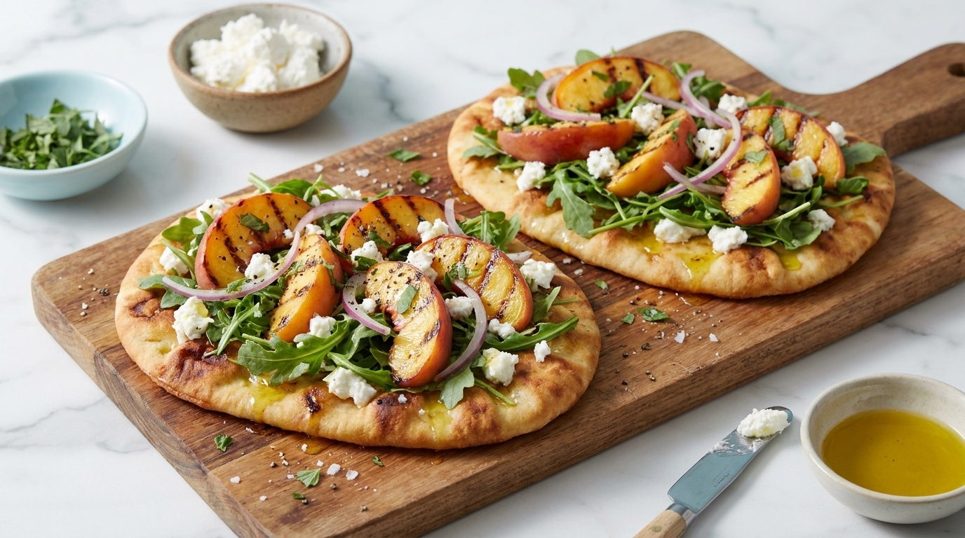Zwei Fladenbrote auf einem Holzbrett, belegt mit gegrillten Pfirsichscheiben, Rucola, zerbröseltem Feta, roten Zwiebelringen und Kräutern, mit Olivenöl beträufelt.