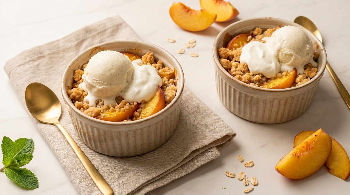 Zwei Keramikförmchen mit warmem Pfirsich-Crumble, knusprigem Streusel, je einer Kugel Vanilleeis und etwas Schlagsahne, mit Pfirsichscheiben garniert und goldenen Löffeln daneben.