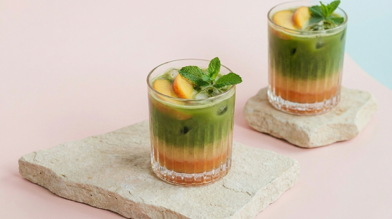 Zwei geschichtete Eiskaffees/-Tees in kurzen Gläsern: grüne Matcha‑ähnliche Schicht oben, orangefarbene Fruchtschicht unten, Eiswürfel, jeweils garniert mit Pfirsichscheibe und Minzblatt.