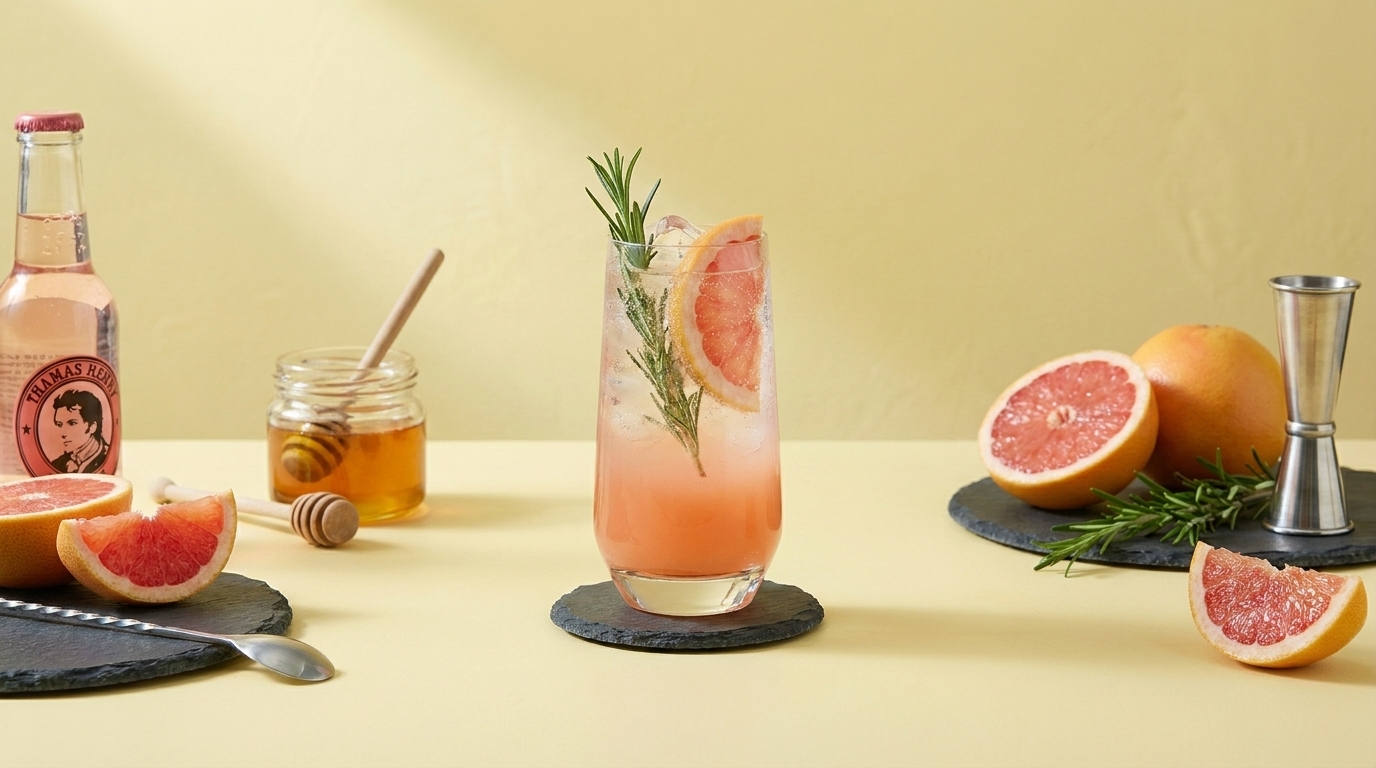 Glas mit rosa Grapefruit-Cocktail, garniert mit Rosmarinzweig und Grapefruitscheibe; darum halbe Grapefruits, ein Honigglas mit Honiglöffel, eine Flasche und ein Messbecher auf gelbem Hintergrund.