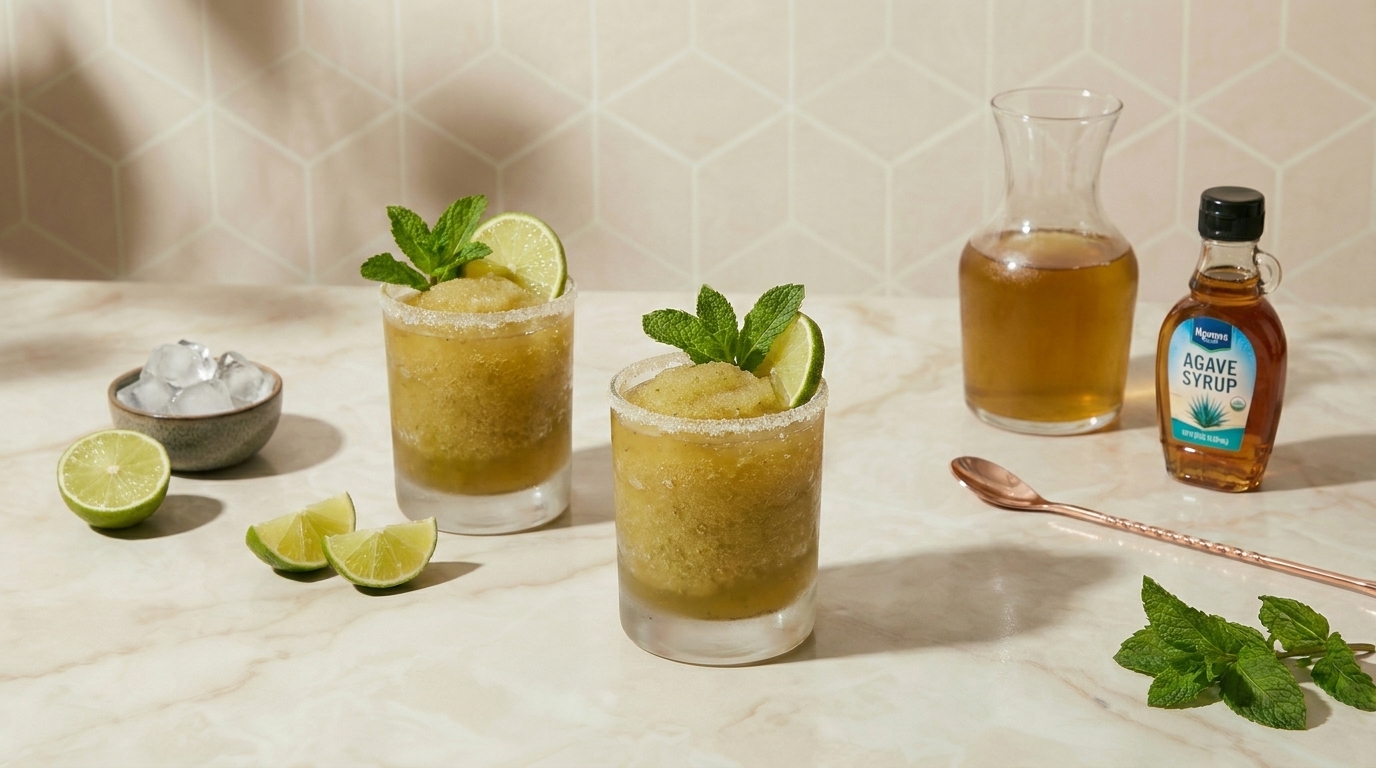 Zwei gefrorene Limetten-Cocktails in Gläsern mit leicht gesalzenem Rand, jeweils mit Limettenscheibe und Minze garniert; daneben Limettenviertel, Eiswürfel, Agavensirupflasche und Karaffe.