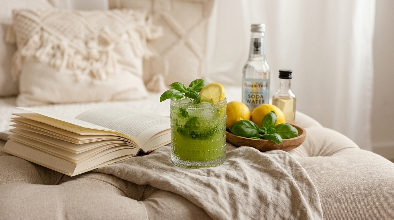 Glas mit grünem Minz‑Zitronen‑Getränk, garniert mit Minzblättern und Zitronenscheibe, steht neben offenem Buch, Schale mit Zitronen und Soda‑Flasche auf weichem Polster.