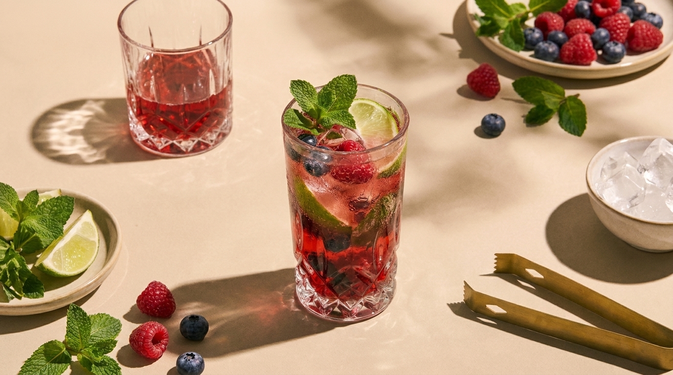 Hohes Glas mit erfrischendem roten Beeren‑Minz‑Getränk: Eis, Himbeeren, Blaubeeren, Limettenscheibe und Minzblätter auf hellem Tisch.