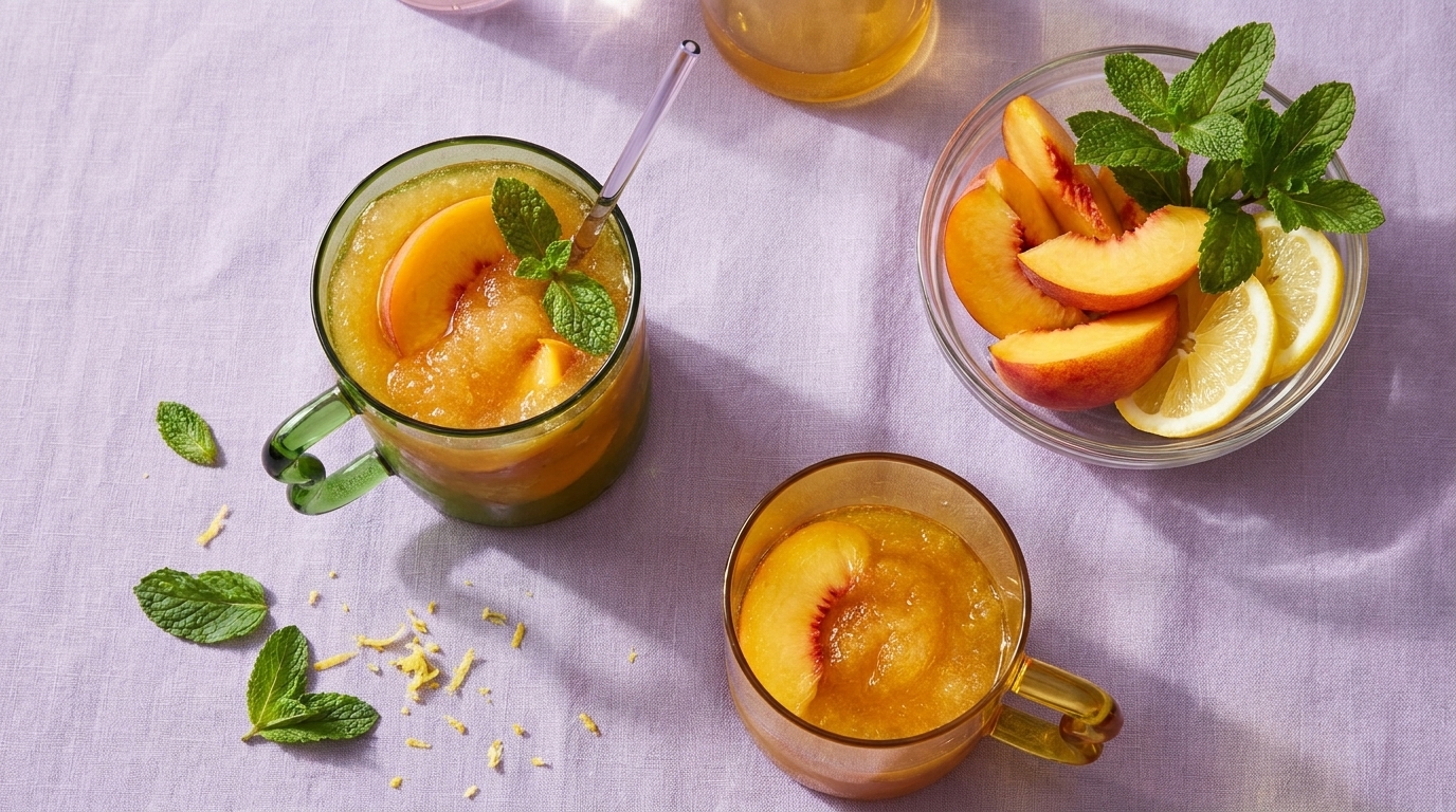 Zwei transparente Gläser mit gelb‑orangeem Pfirsich‑Slush, jeweils mit Pfirsichscheibe und Minzblatt; daneben eine Schale mit Pfirsichscheiben, Zitronenscheiben und frischer Minze auf hellem Stoff.