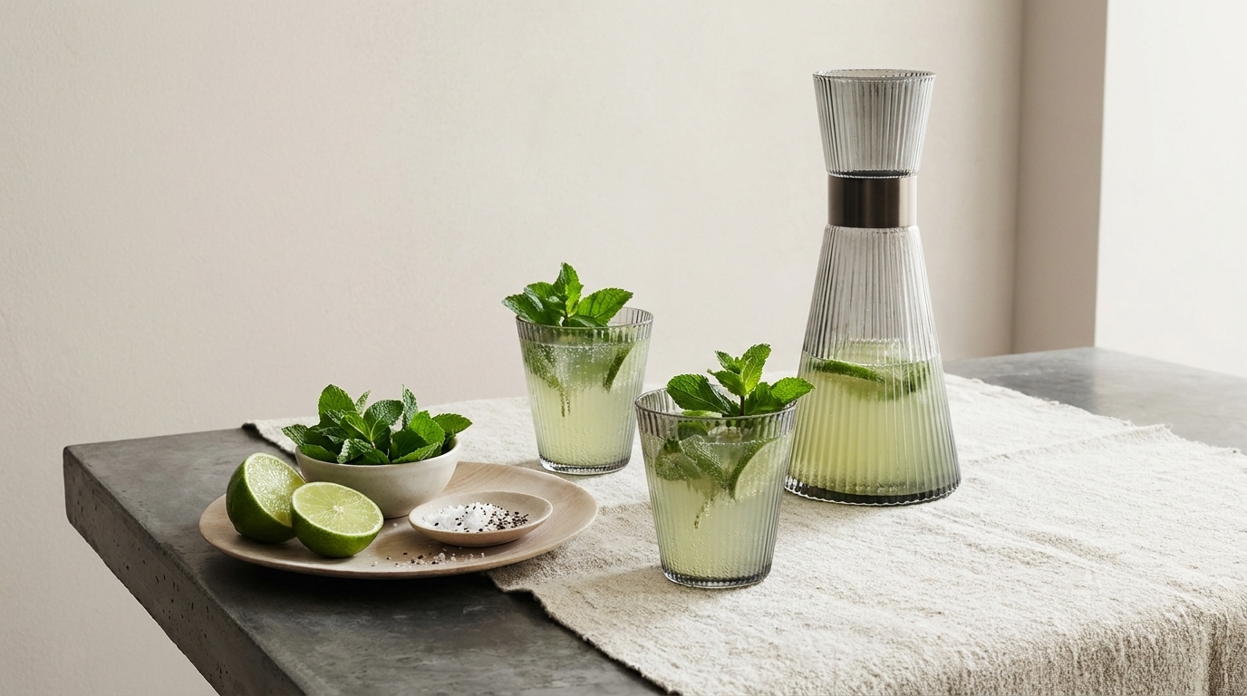 Glaskaraffe und zwei Gläser mit Limetten‑Minz‑Getränk auf einem Tisch; daneben Teller mit halbierten Limetten und frischen Minzblättern.