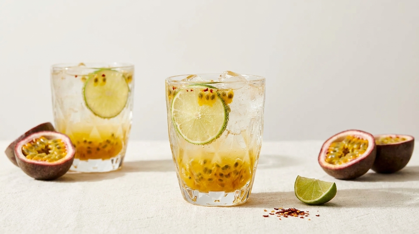 Zwei Tumblergläser mit Eiswürfeln und Passionsfrucht-Drink, Passionsfruchtmark im Glas und Limettenscheibe; daneben halbe Passionsfrüchte und eine Limettenhälfte.