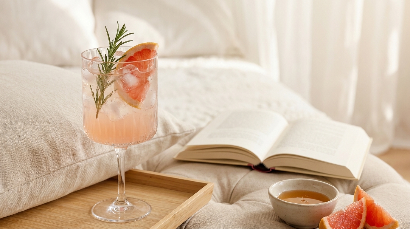 Rosafarbenes Cocktailglas mit Rosmarin und Grapefruitscheibe auf einem Holztablett, daneben offenes Buch, kleines Schälchen und Grapefruitschnitze auf einem hellen Bett.