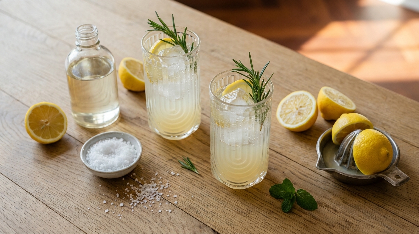 Zwei Gläser mit Eis und Zitronenlimonade, je garniert mit Zitronenscheibe und Rosmarinzweig; daneben Zitronenhälften, Zitronenpresse, kleine Flasche und Schale mit Salz auf einem Holztisch.
