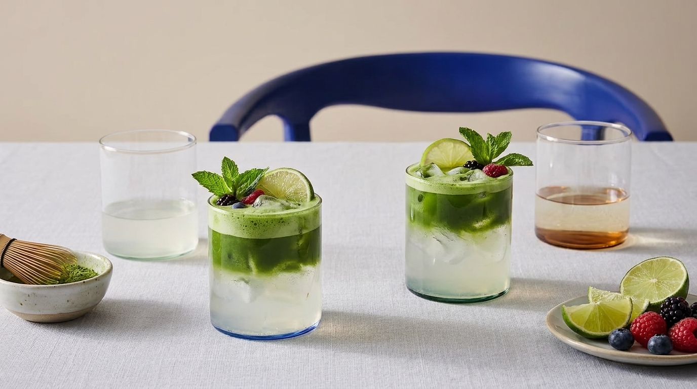 Zwei kurze Gläser mit geschichteten, eisgefüllten Matcha‑Getränken, garniert mit Limettenscheiben, Minzblättern und Beeren auf einem weißen Tisch.