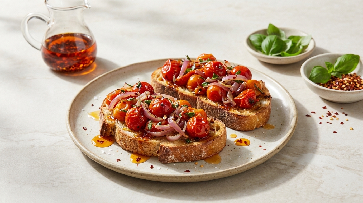 Zwei Scheiben geröstetes Brot, belegt mit geschmorten Kirschtomaten, roten Zwiebeln, frischen Kräutern und Olivenöl auf einem Teller.