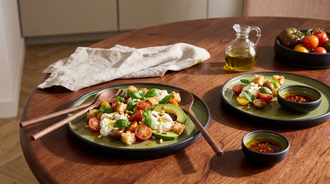 Zwei Teller mit frischem Salat aus Avocadoscheiben, Kirschtomaten, weichem Burrata, Croutons und Kräutern; dazu Dressing-Schälchen und eine Ölkanne auf einem Holztisch.