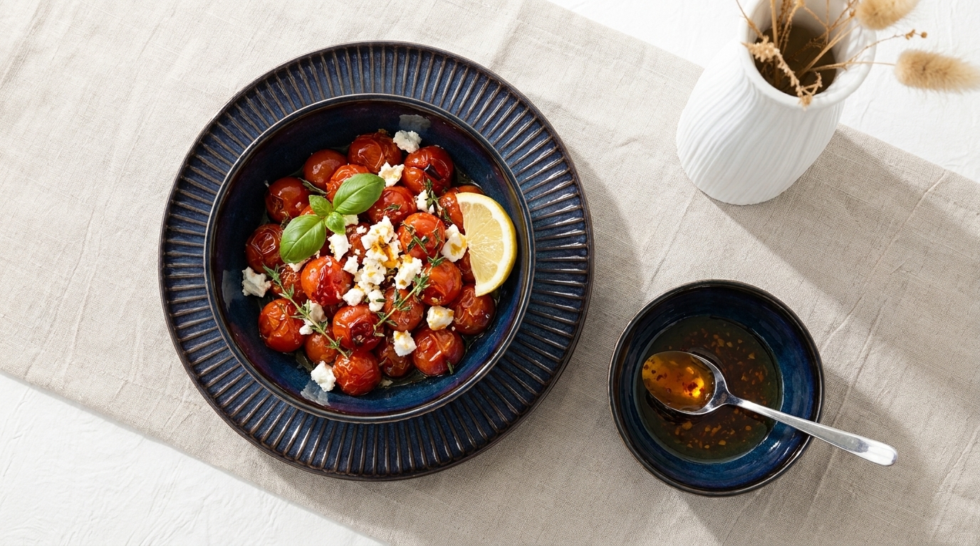 Dunkle Schale mit gerösteten Cocktailtomaten, Basilikum, zerbröseltem Feta und Zitronenscheibe; daneben kleine Schale mit Dressing und Löffel, auf hellem Tuch angerichtet.