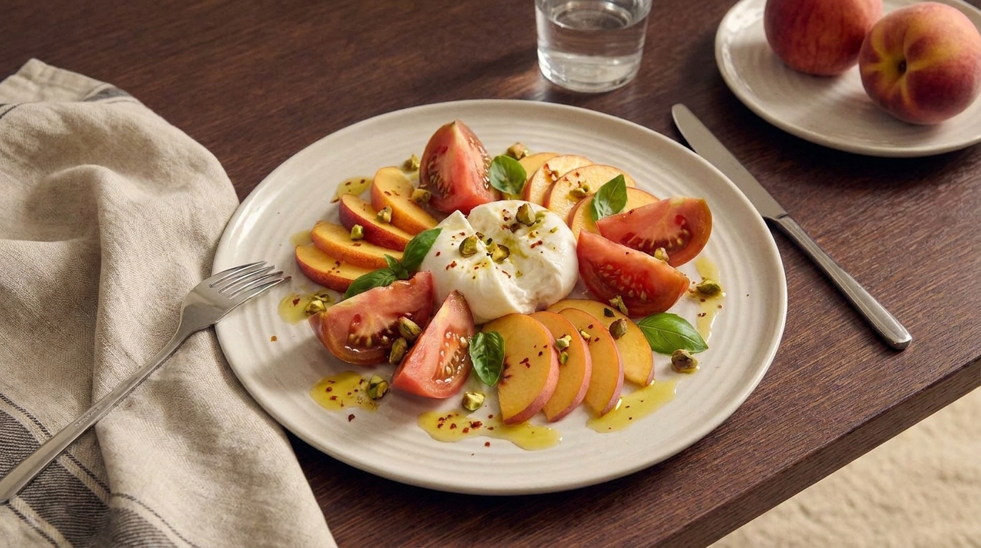Teller mit Burrata in der Mitte, umgeben von in Scheiben geschnittenen Pfirsichen und Tomaten, garniert mit Basilikum, gehackten Pistazien und Olivenöl.