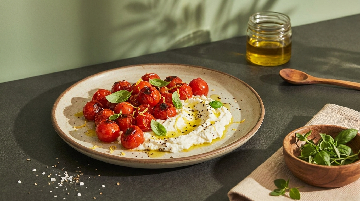 Teller mit gerösteten Kirschtomaten und frischem Basilikum neben einer Portion cremiger Ricotta, mit Olivenöl und schwarzem Pfeffer garniert.