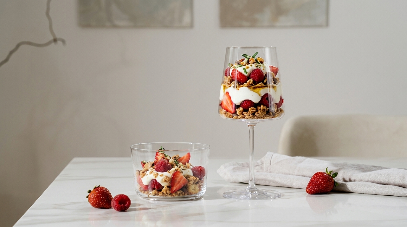 Zwei Glasgefäße mit geschichtetem Dessert aus Joghurt, Müsli und frischen Erdbeeren; eines in einem hohen Weinglas, eines in einer kleinen Schale. Einige ganze Erdbeeren liegen daneben.