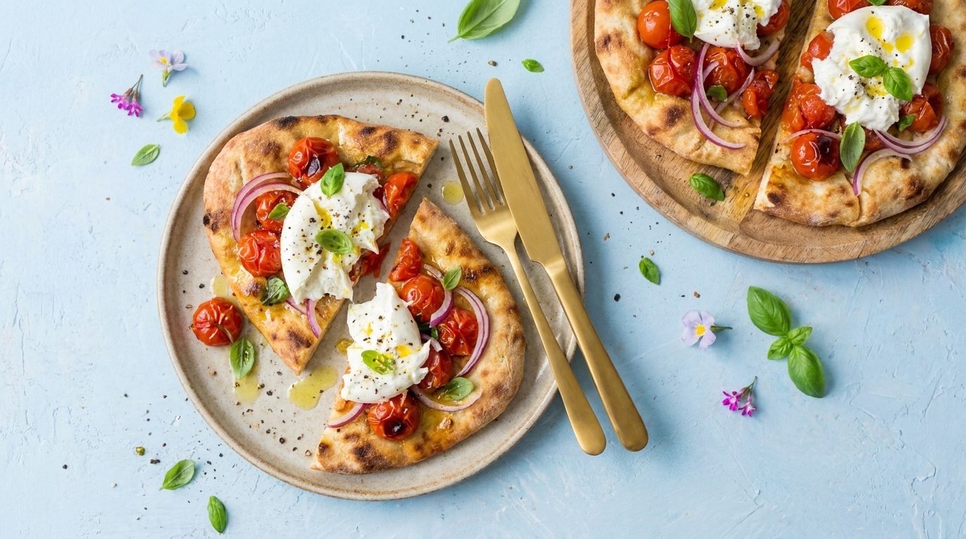 Zwei Teller mit Fladenbrotpizzen, belegt mit Burrata, gerösteten Cherrytomaten, roten Zwiebelringen, frischem Basilikum und Olivenöl; eine Pizza ist geschnitten, goldfarbenes Besteck liegt daneben.