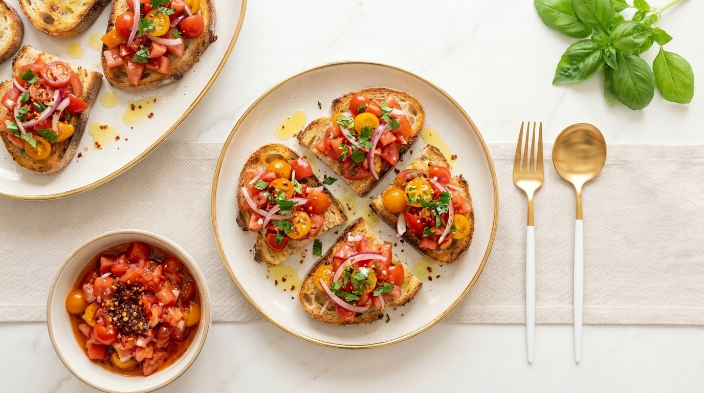 Mehrere geröstete Brotscheiben (Bruschetta) belegt mit gehackten Kirschtomaten, roten Zwiebeln, Basilikum, Olivenöl und Gewürzen auf einem Teller.