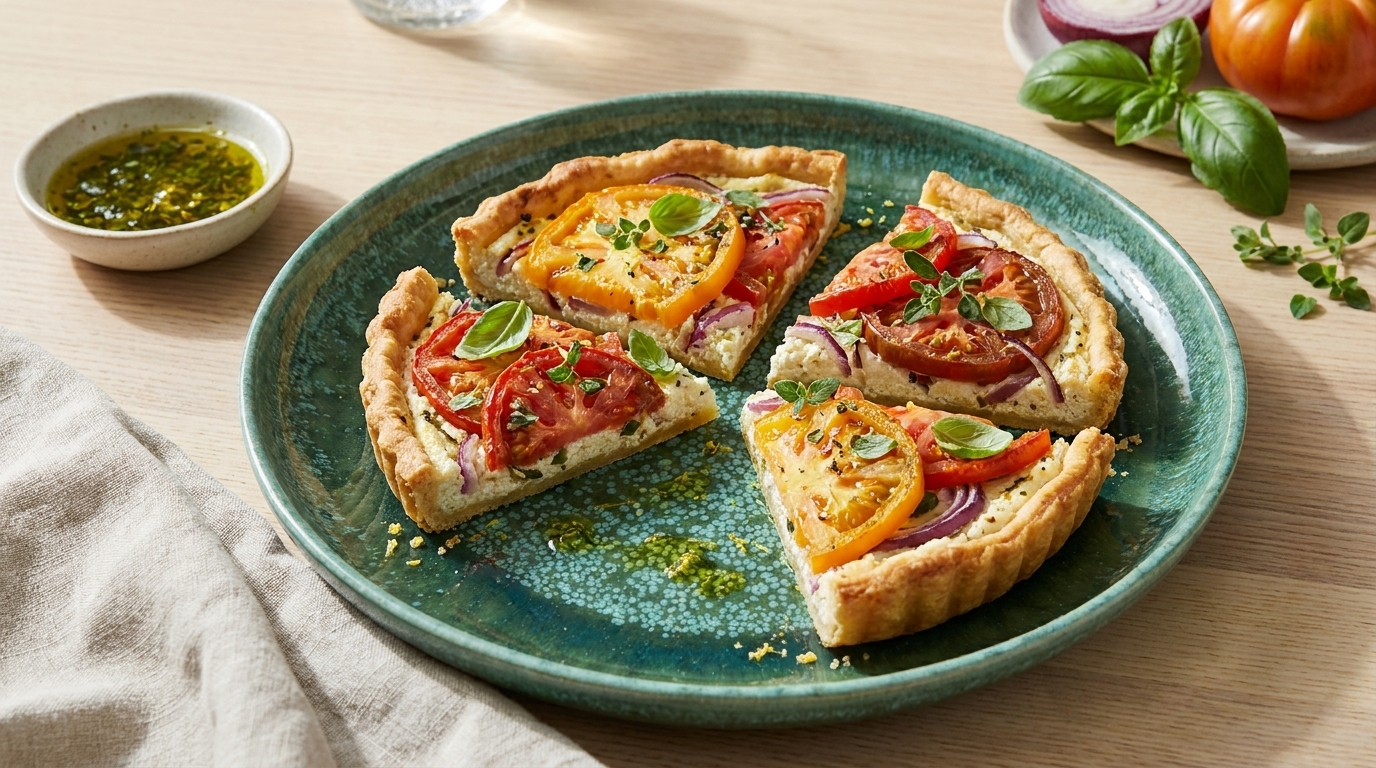 Drei Stücke einer herzhaften Tomatenquiche mit goldener Kruste, gelben und roten Tomatenscheiben, roten Zwiebelringen und frischen Basilikumblättern auf einem grünen Teller.
