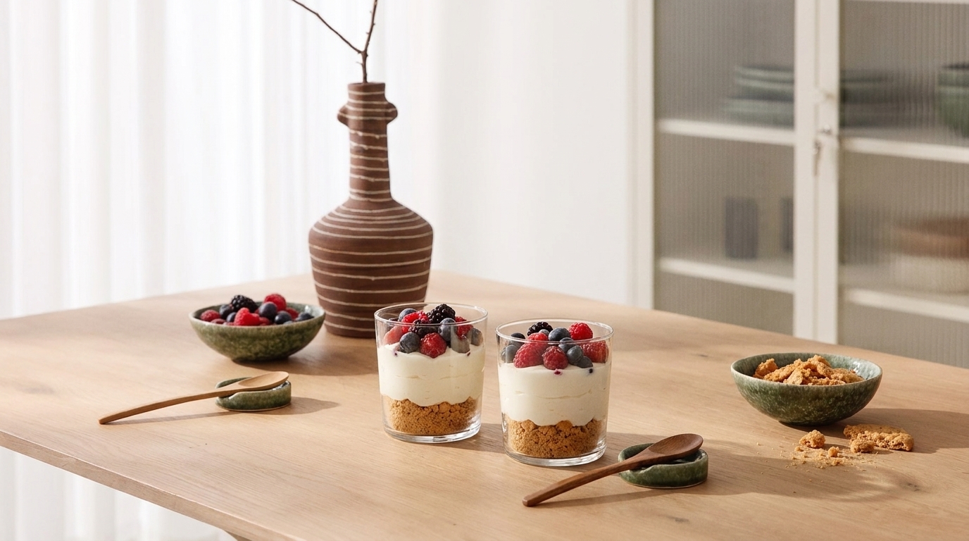 Zwei Gläser mit Schichtdessert aus Keksboden, Creme und frischen Beeren auf einem Holztisch; daneben Schalen mit Beeren und Müsli sowie zwei Holzlöffel.