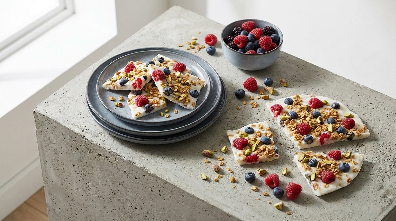 Stücke einer Joghurt‑Bark mit Granola, Himbeeren und Blaubeeren auf einem hellen Betonblock; daneben gestapelte graue Teller und eine Schale mit frischen Beeren.