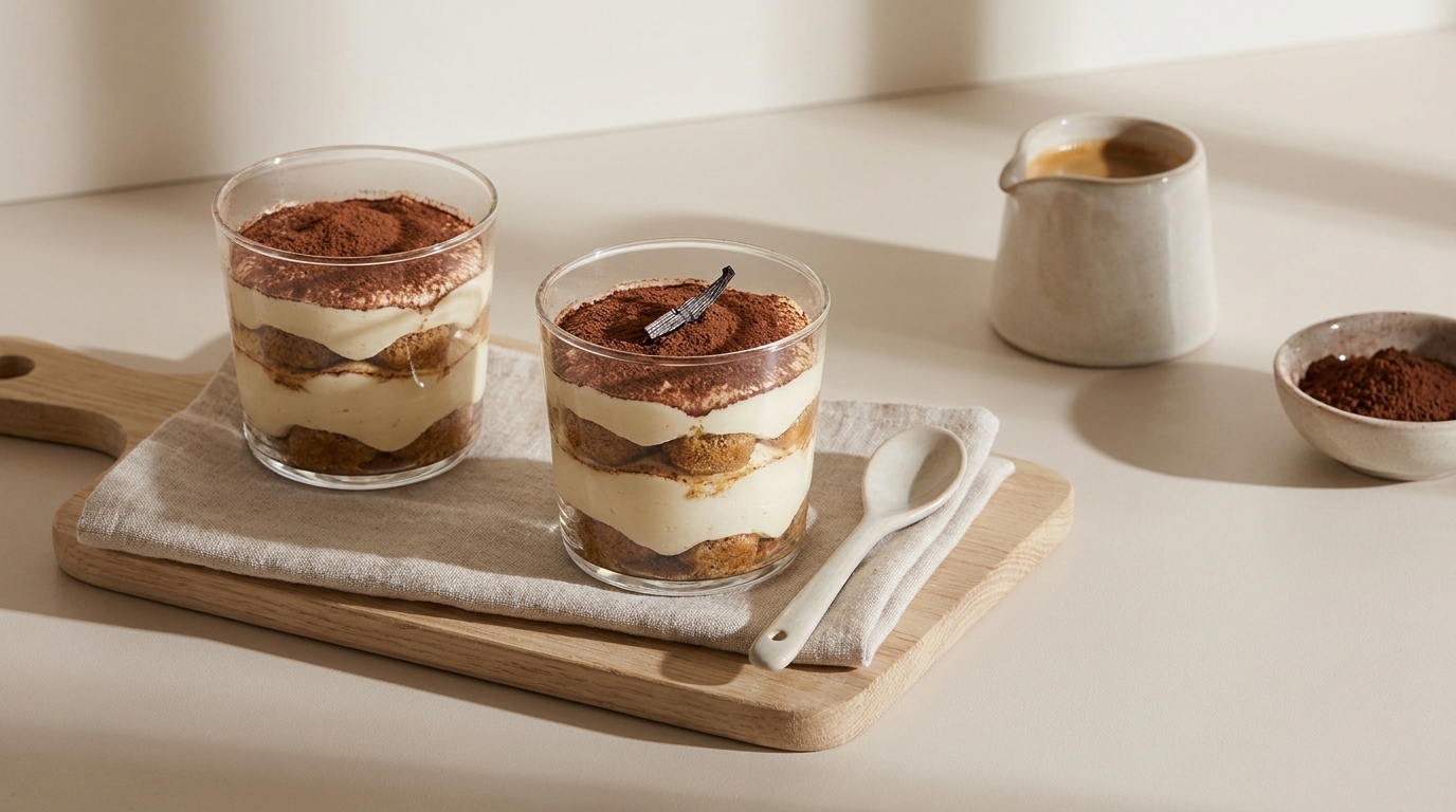 Zwei Gläser mit Schichtdessert (Tiramisu) aus Mascarponecreme, Löffelbiskuits und Kakaopulver auf einem Holzbrett, daneben ein Löffel und eine kleine Kanne mit Kaffee.
