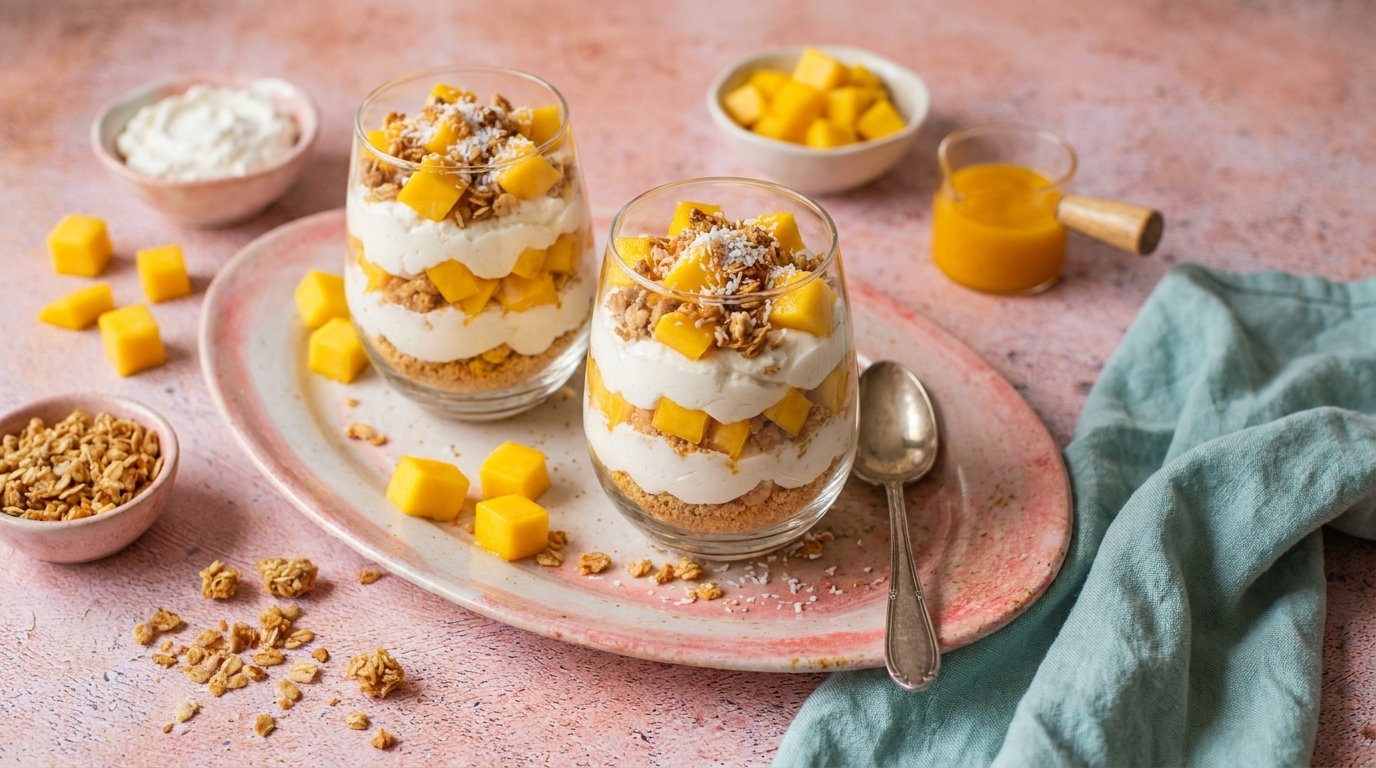 Zwei Dessertgläser mit geschichteten Mango-Joghurt-Parfaits: abwechselnde Schichten aus Mangowürfeln, cremigem Joghurt und knusprigem Müsli, garniert mit Kokosraspeln, auf einem Teller mit Löffel.