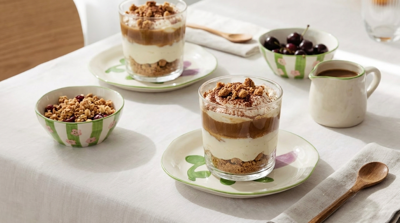 Zwei Gläser mit geschichtetem Dessert aus Creme, Karamell-/Kaffeeschicht und knusprigem Müsli, serviert auf Tellern; daneben Schälchen mit Müsli und Kirschen sowie eine kleine Kanne.