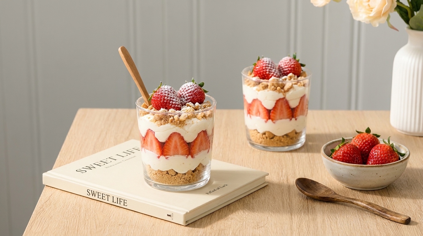 Drei Schichtdesserts in Gläsern: Keksboden, cremige Joghurt‑/Sahneschicht, halbierte Erdbeeren an der Glaswand, oben ganze Erdbeeren und Keksbrösel.