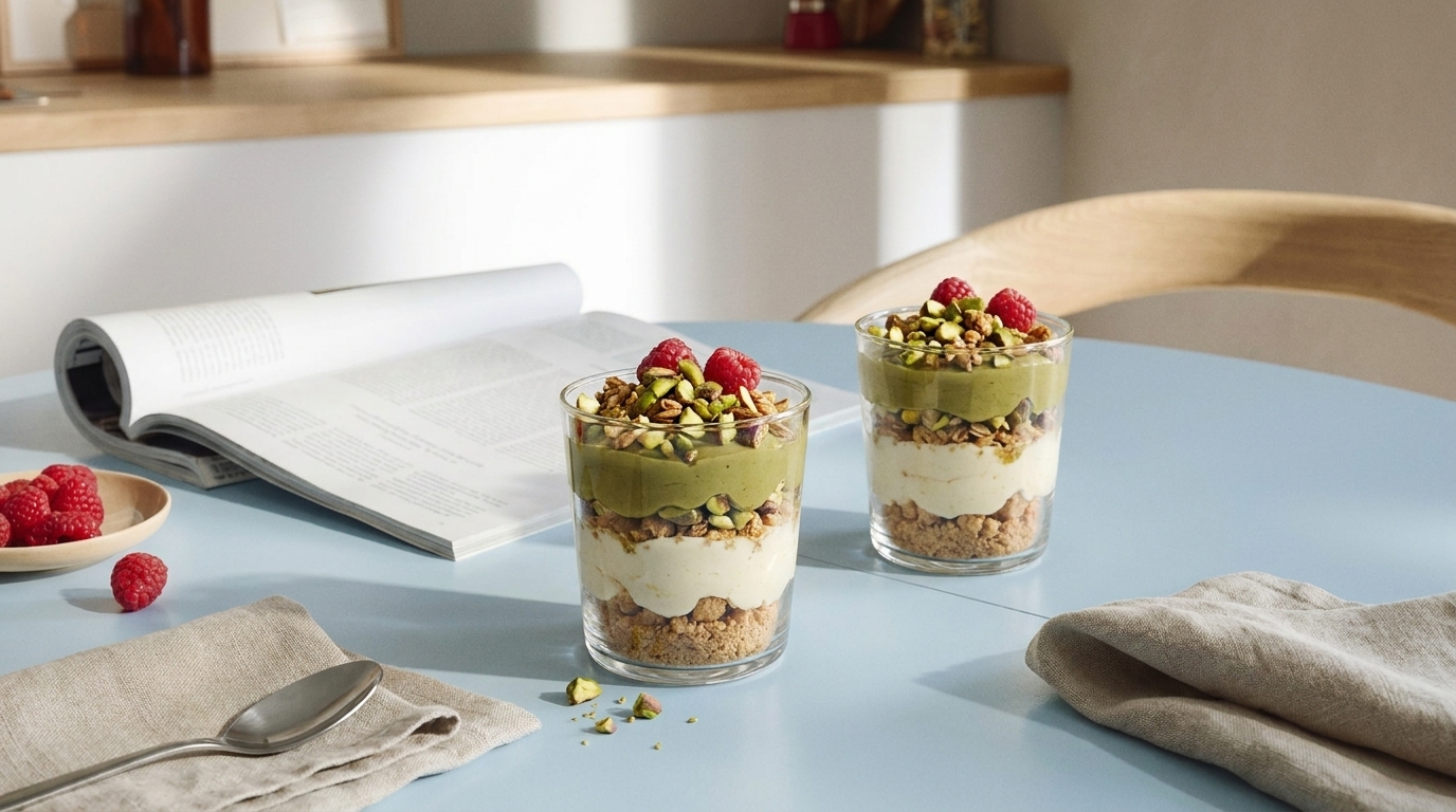 Zwei Glasdesserts mit Schichten aus Keksbröseln, weißer Creme/Joghurt und grüner Pistaziencreme, garniert mit gehackten Pistazien und frischen Himbeeren, auf einem Tisch.