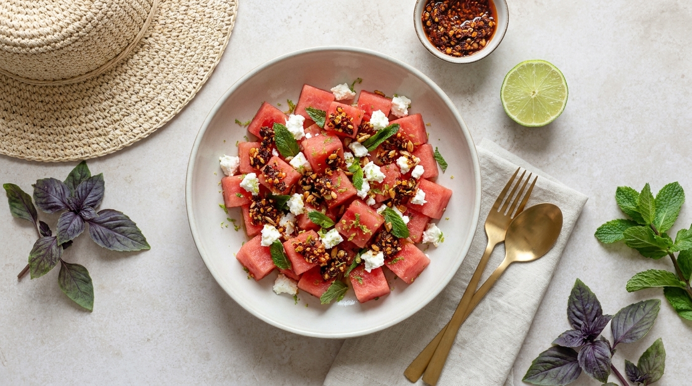 Schüssel mit würfelig geschnittener Wassermelone, zerbröseltem Feta, frischen Minzblättern, gehackten Nüssen und Chiliflocken, leicht mit Dressing beträufelt.