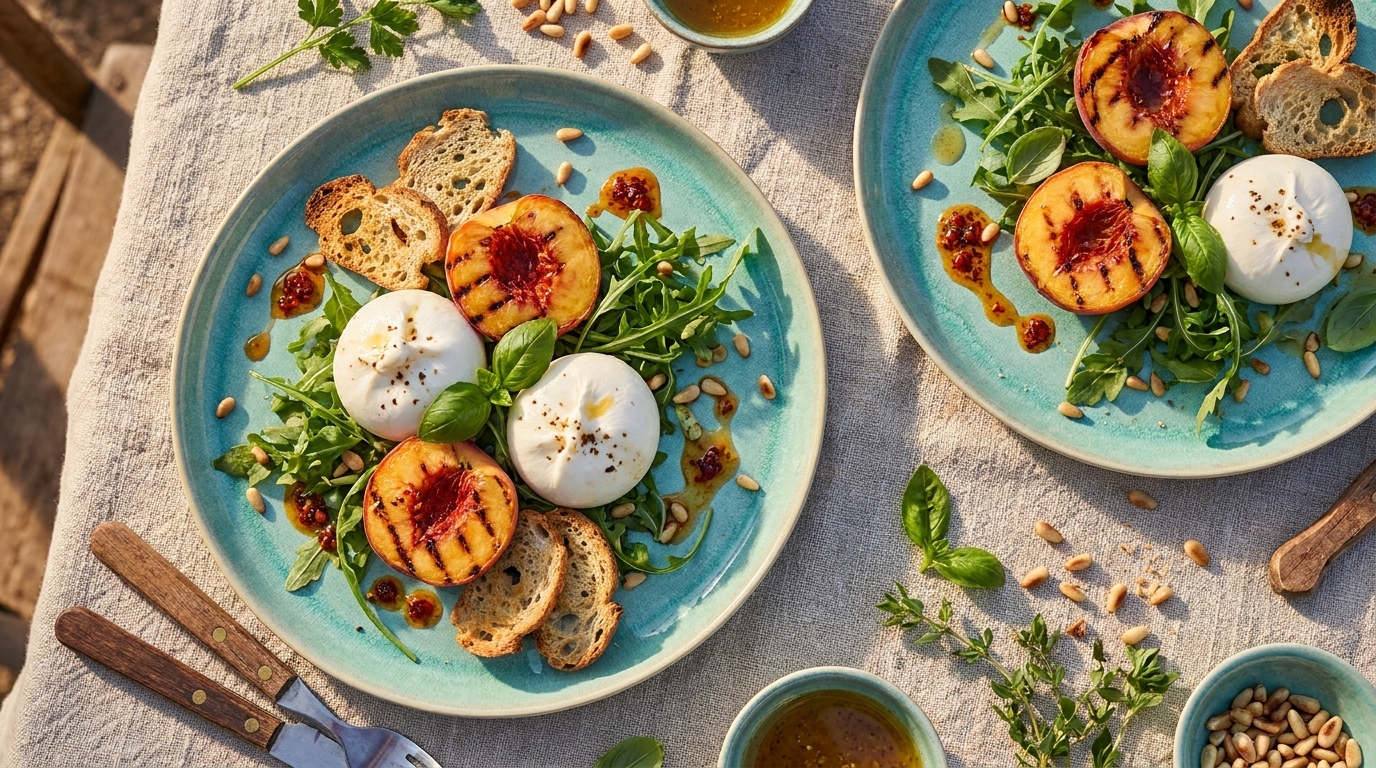 Zwei Teller mit gegrillten Pfirsichen, Burrata, Rucola, geröstetem Brot, Pinienkernen und Balsamico-Dressing.