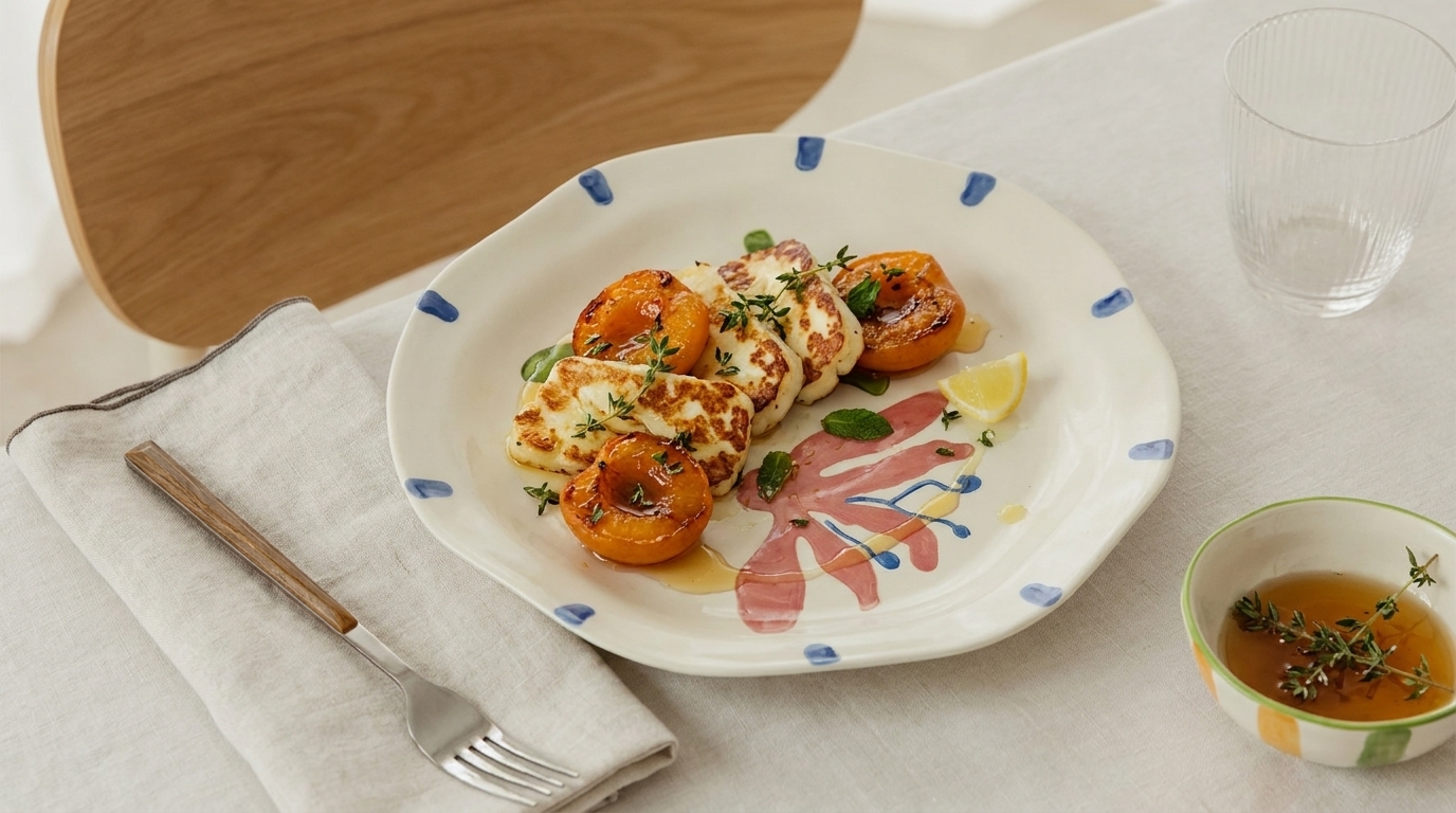 Gegrillte Aprikosen und gebratener Halloumi auf einem Teller, garniert mit frischen Kräutern, Zitronenschnitz und einer hellen Sauce.