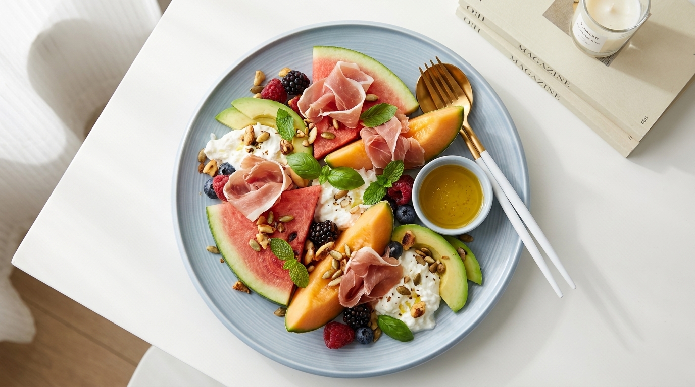 Gedeckter Teller mit sommerlichem Salat aus Melonen- und Wassermelonenscheiben, Prosciutto, Avocado, Beeren, Burrata, Nüssen, Basilikumblättern und einer kleinen Schale Dressing.