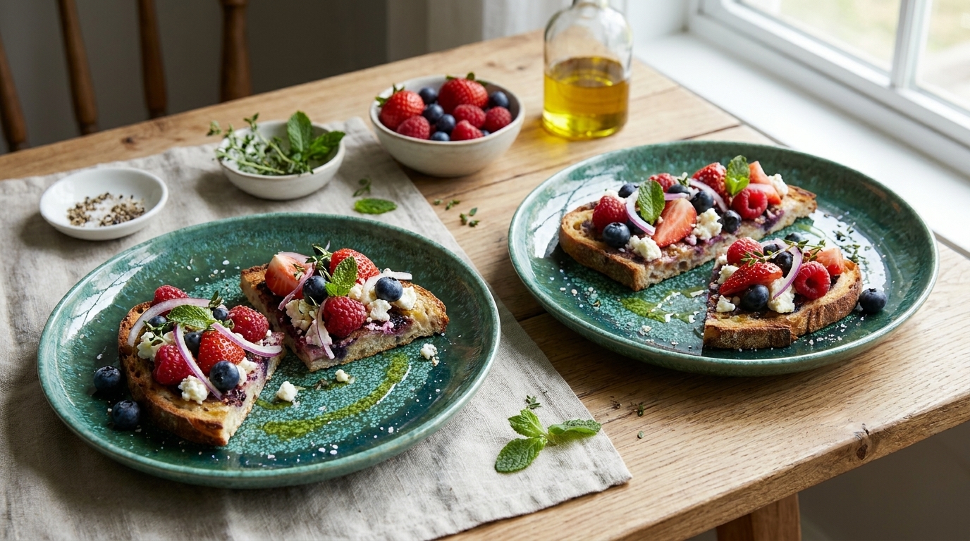 Zwei grüne Teller mit geröstetem Brot, belegt mit Frischkäse, Erdbeeren, Himbeeren, Blaubeeren und Minzblättern.