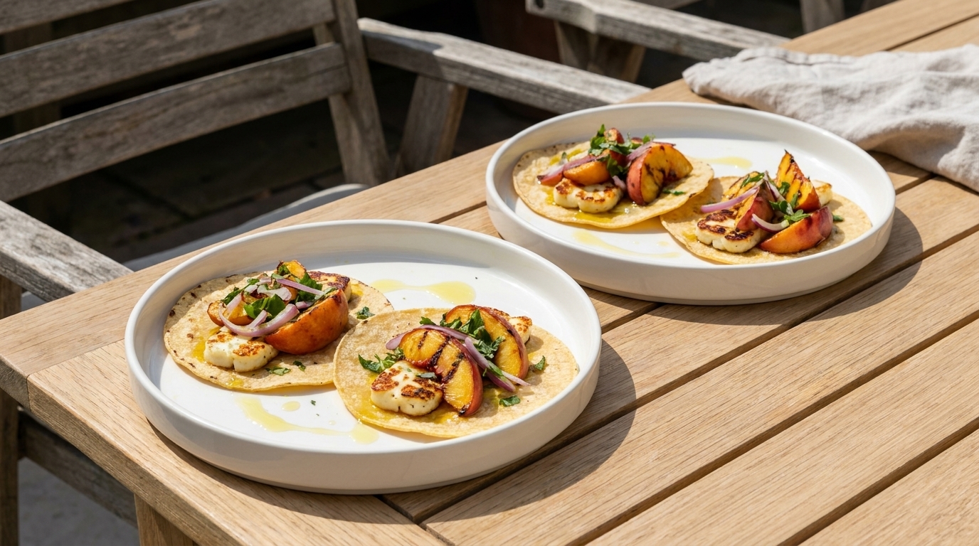 Zwei weiße Teller mit je zwei offenen Tacos, gefüllt mit gegrillten Pfirsichscheiben, gebratenem Käse, roten Zwiebelstreifen und frischen Kräutern, serviert auf einem Holztisch.