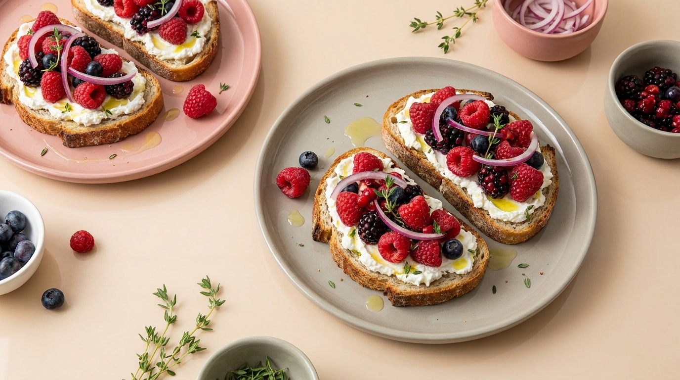 Zwei Teller mit geröstetem Bauernbrot, bestrichen mit Frischkäse und belegt mit Himbeeren, Brombeeren und Blaubeeren, garniert mit roten Zwiebelringen, frischem Thymian und Honig beträufelt.