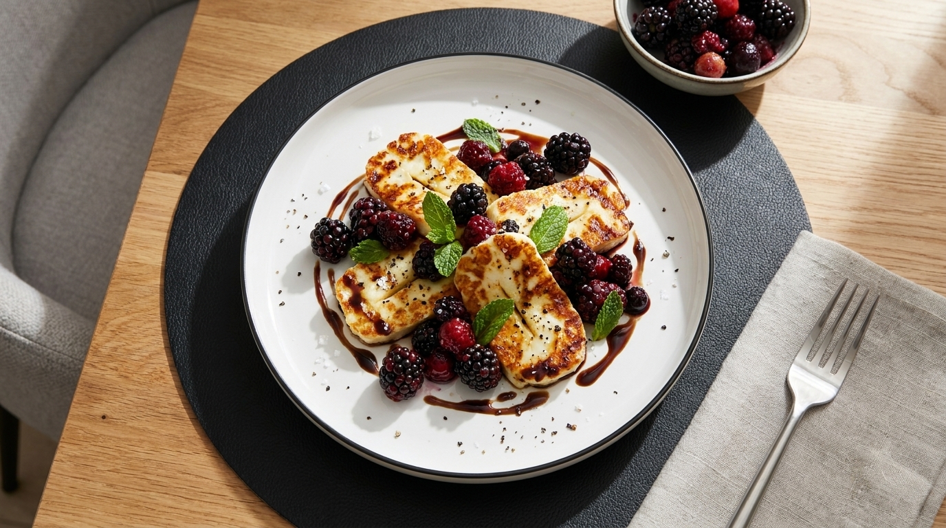 Teller mit gebratenen Halloumi-Scheiben, garniert mit Brombeeren, Himbeeren, Minzblättern und dunklem Sirup; daneben kleine Schale mit Beeren.