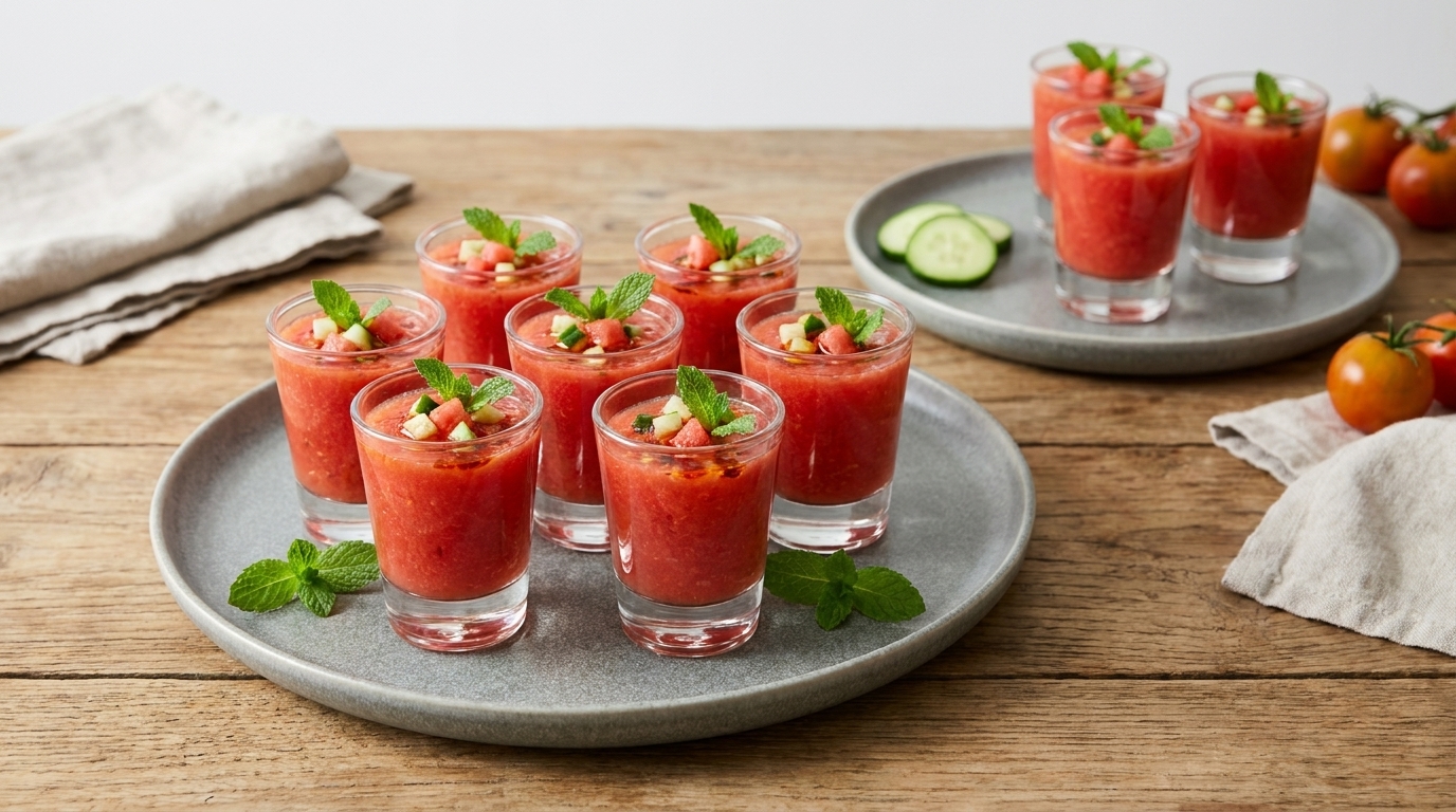 Mehrere kleine Gläser mit roter Gazpacho, jeweils garniert mit Gurkenscheiben, Tomatenstücken und frischer Minze, auf grauen Tellern auf einem Holztisch.