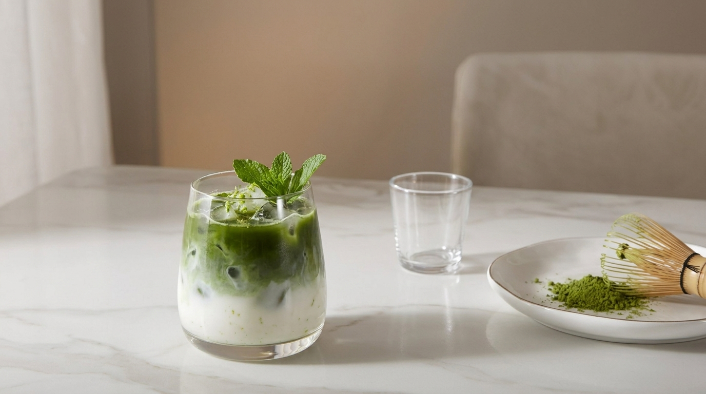 Glas mit Eismatcha-Milchgetränk: grüne Matcha-Schicht auf Milch, Eiswürfel und Minzblatt, daneben Schale mit Matchapulver und Bambusbesen.