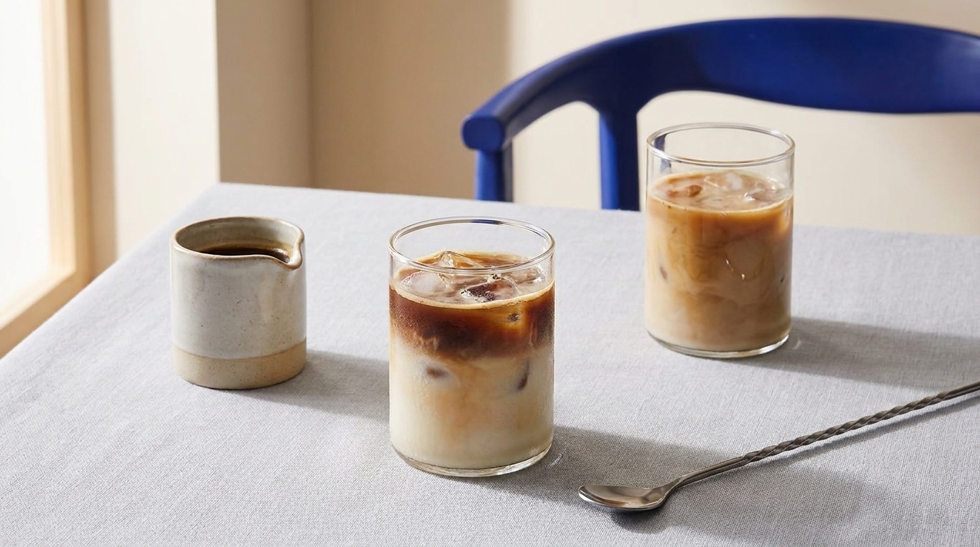 Zwei Gläser Eiskaffee mit Milch und Eiswürfeln auf einem Tisch, daneben eine kleine Keramikmilchkanne und ein langer Kaffeelöffel.