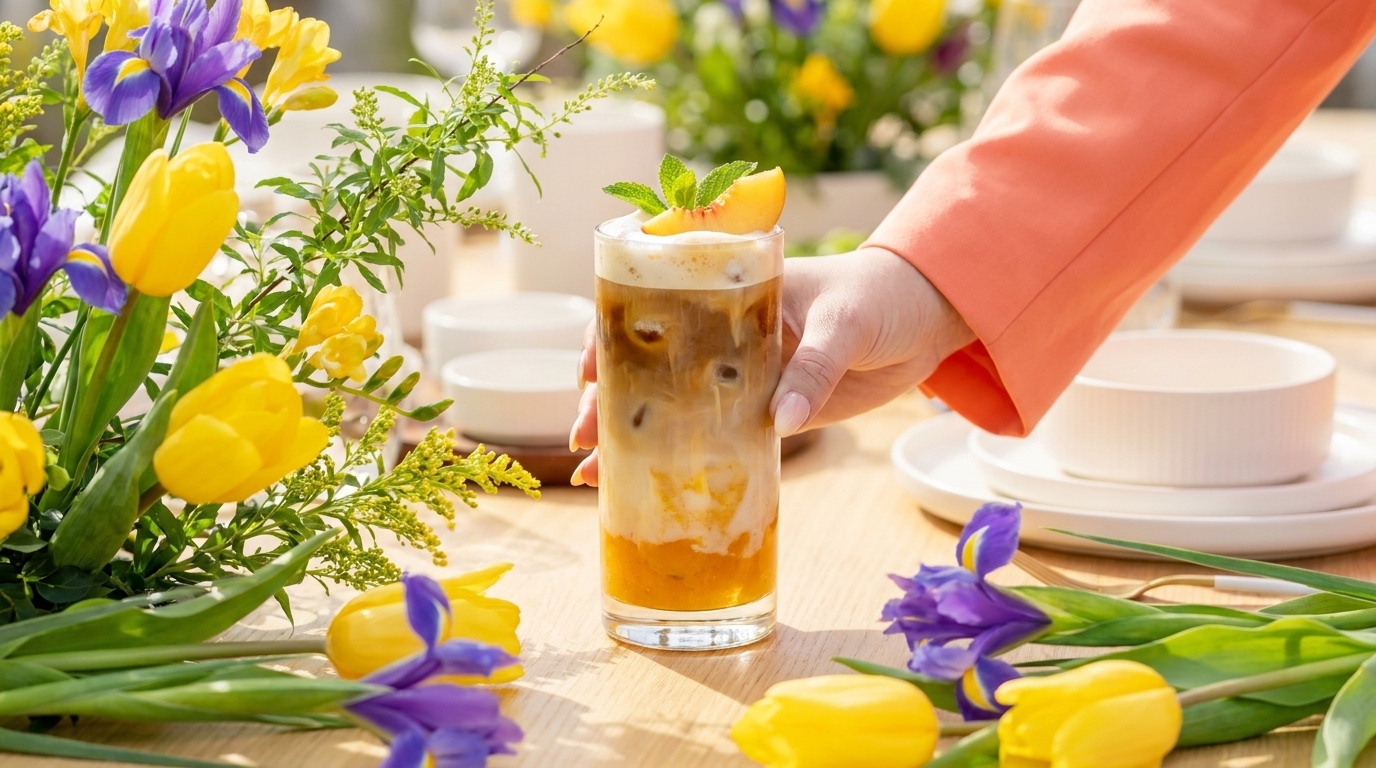 Hand in korallenfarbener Jacke stellt einen geschichteten Eiskaffee mit Orangenscheibe und Minzblatt auf einen Tisch mit gelben Tulpen und violetten Iris.