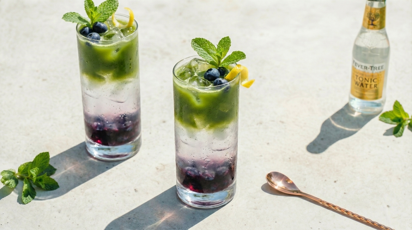 Zwei hohe Gläser mit geschichteten Sommerdrinks: dunkle Beerenschicht, klares Tonic, grüne Matcha-Schaumschicht, Eiswürfel, garniert mit Minze, Blaubeeren und Zitronenzeste.