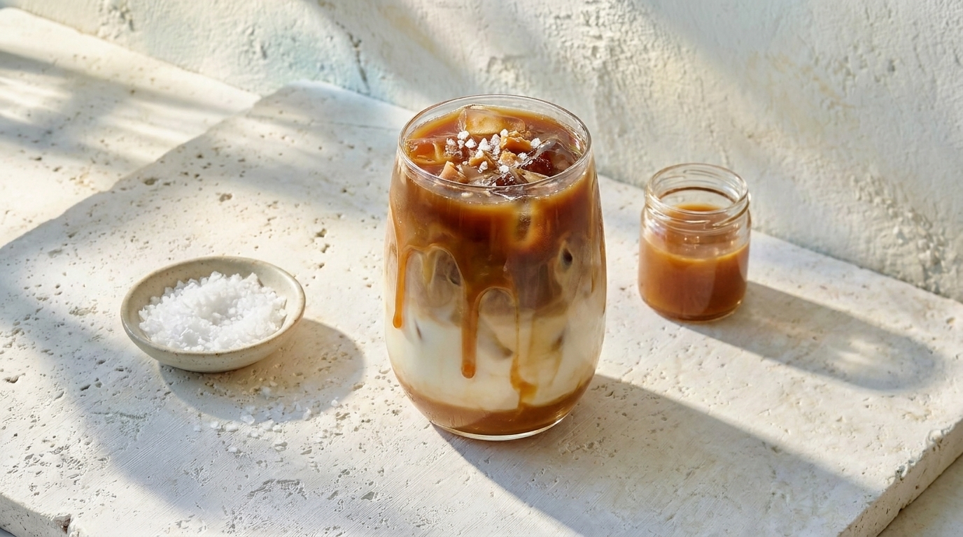 Glas Eiskaffee/Caramel Latte mit geschichteter Milch, Espresso, Eis und Karamellsauce, daneben kleines Glas Karamellsauce und Schale mit grobem Meersalz auf hellem Steinuntergrund.