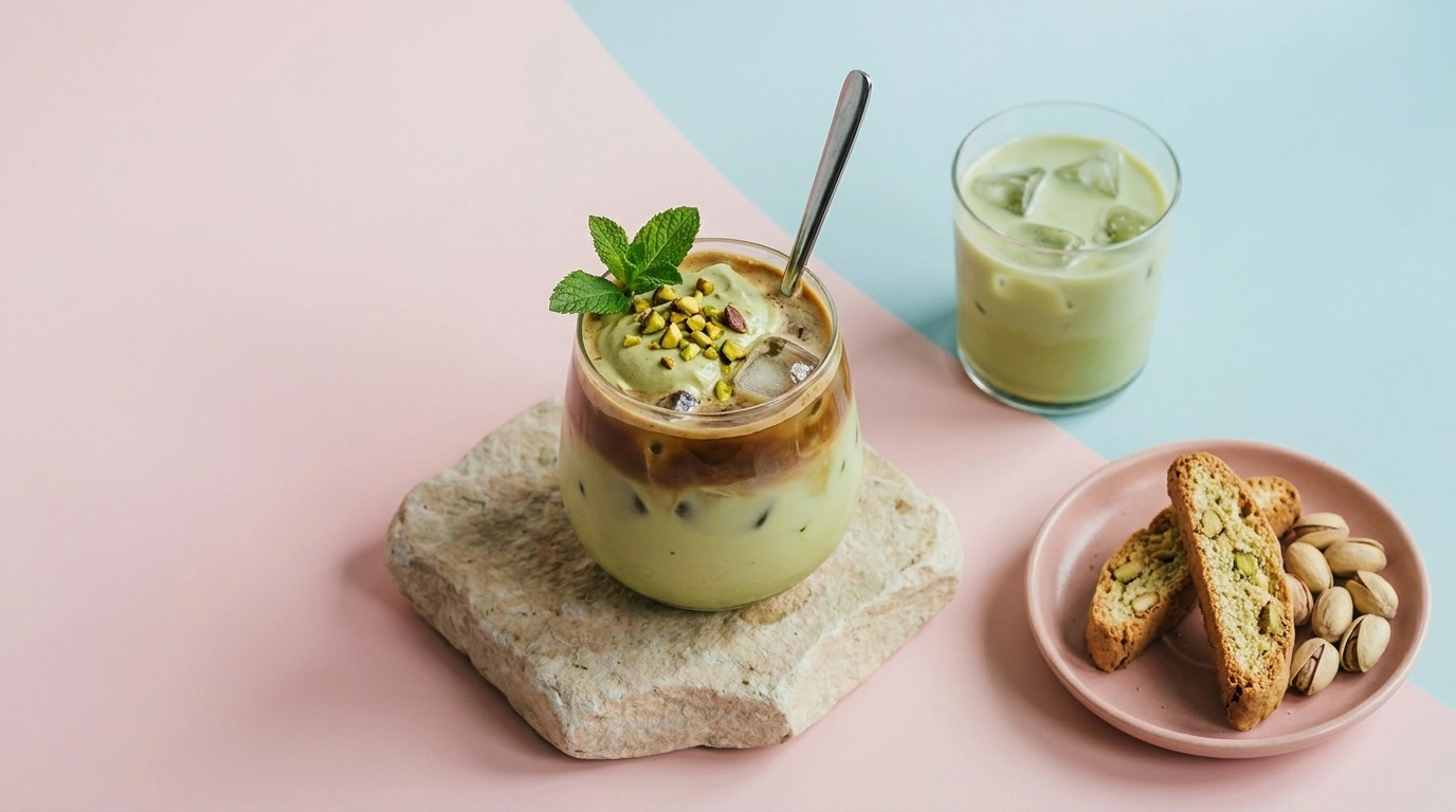Eisiger Matcha-Latte mit Espresso‑Schicht, Minzblatt und gehackten Pistazien im Glas auf Steinplatte; daneben kleiner Teller mit Biscotti und Pistazien.