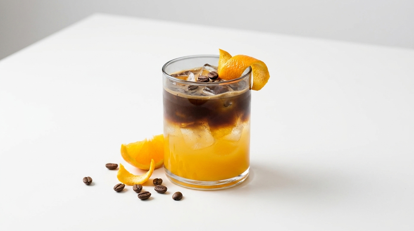 Glas mit geschichtetem Kaltgetränk: untere Schicht Orangensaft, obere Schicht kalter Kaffee mit Eiswürfeln; Orangenzeste am Glasrand; einige Kaffeebohnen und Orangenspalten liegen daneben auf weißem Hintergrund.