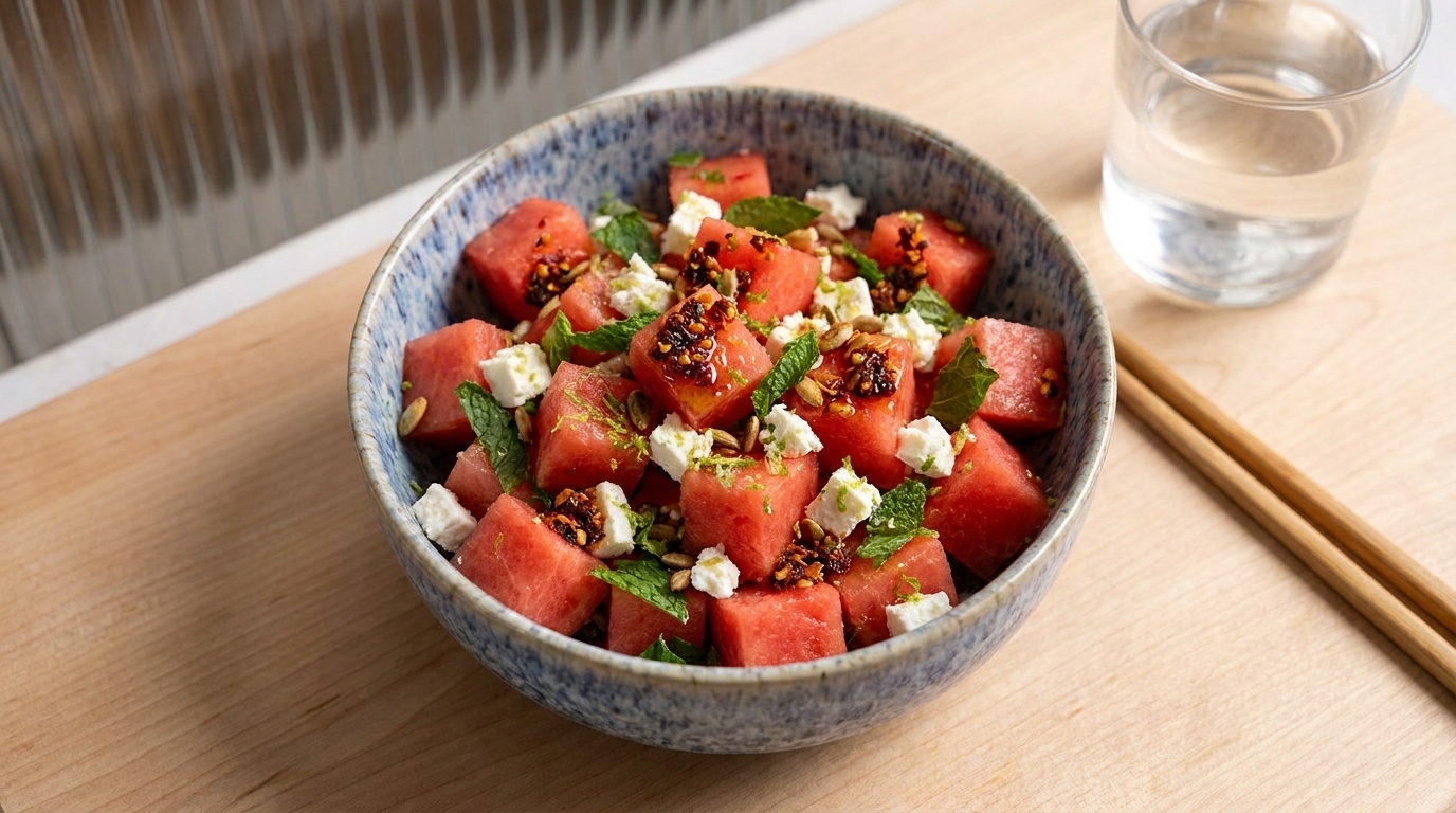 Schüssel mit Wassermelonenwürfeln, zerbröseltem Feta, frischen Minzblättern und Saaten, leicht mit Dressing beträufelt.