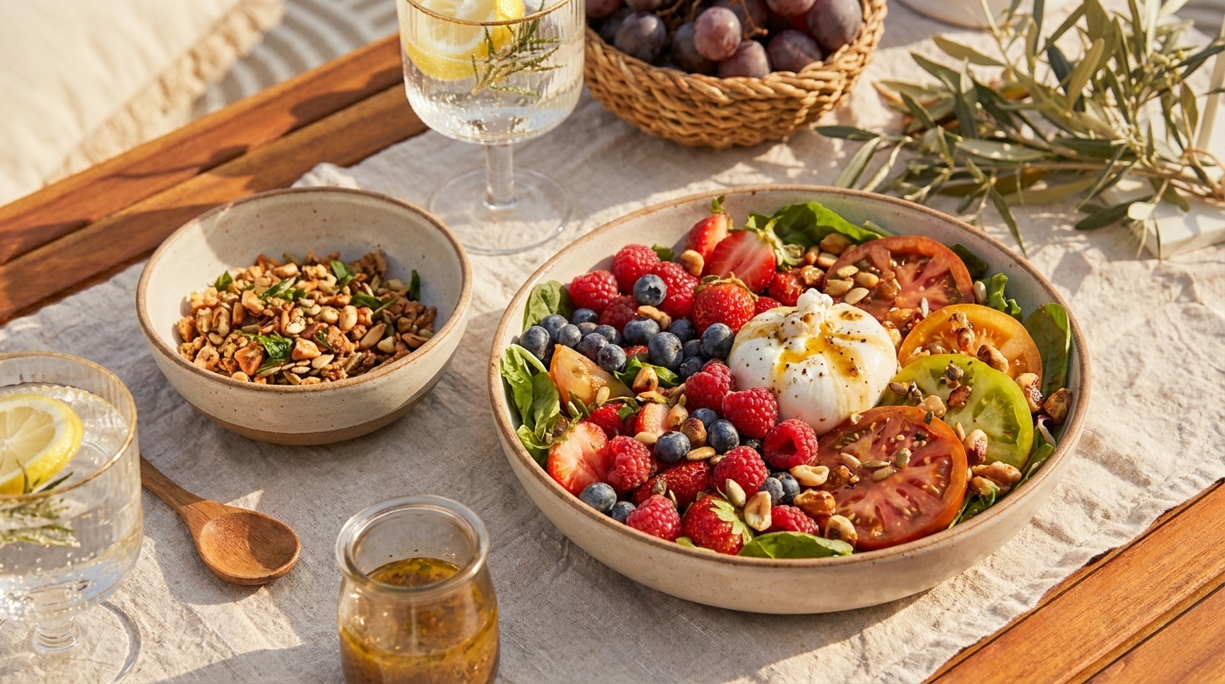 Große Schale mit buntem Sommer‑Bowl: Blattsalat, bunte Tomatenscheiben, Erdbeeren, Himbeeren, Blaubeeren, eine weiche Käsekugel in der Mitte und grob bestreute Nüsse und Saaten.