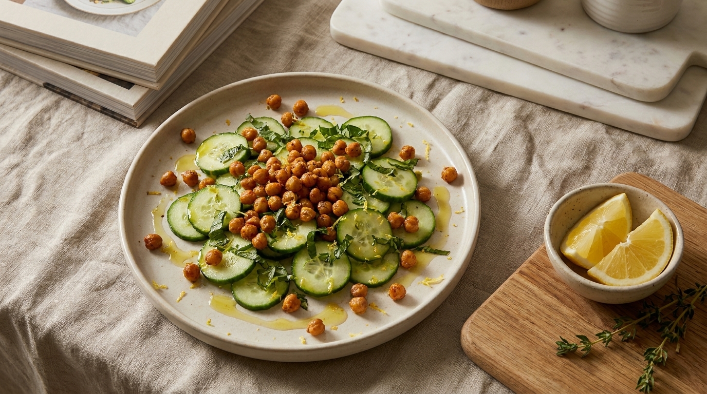 Teller mit dünnen Gurkenscheiben, garniert mit gerösteten Kichererbsen, frischen Kräutern, Zitronenschale und einem leichten Olivenöl‑Dressing.