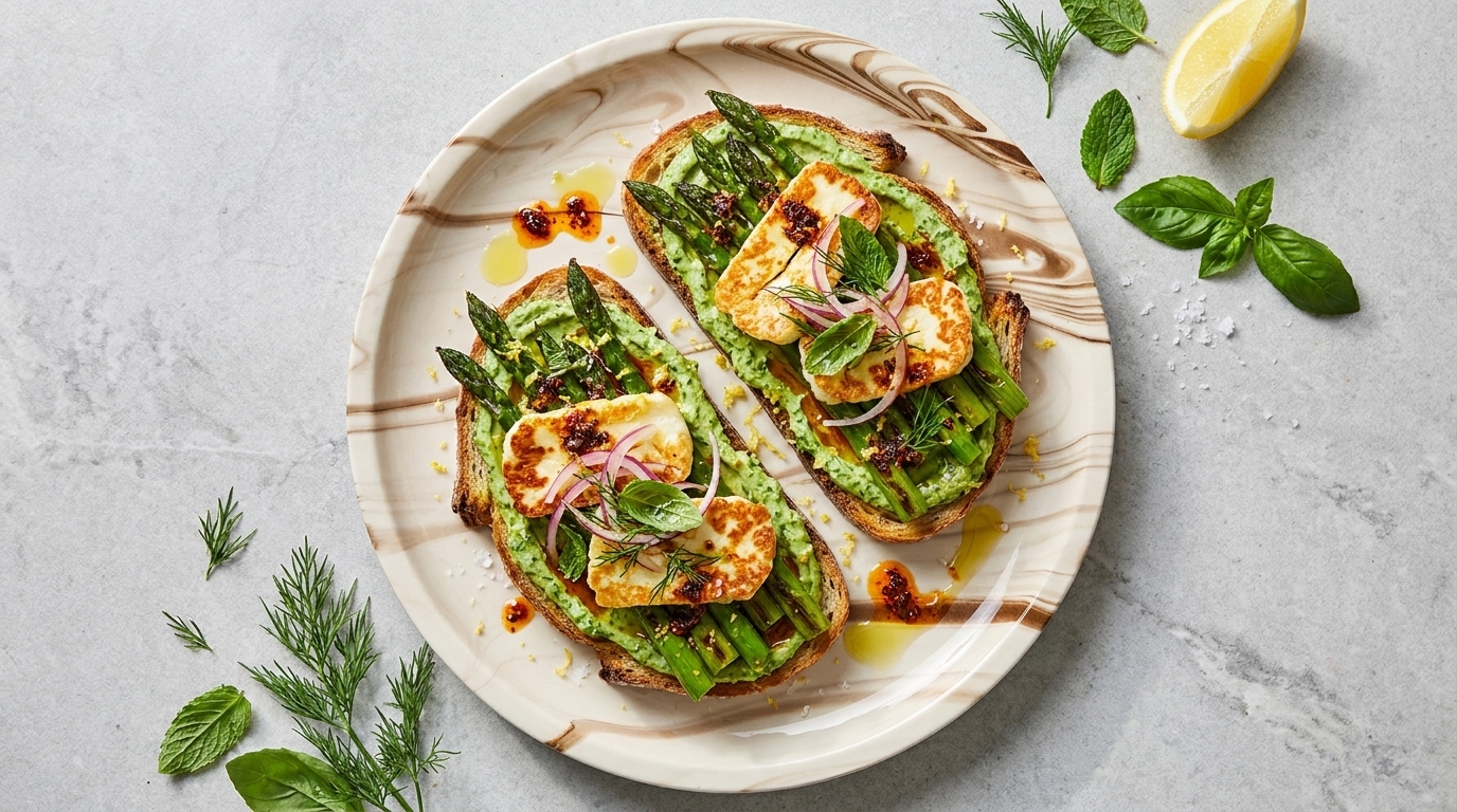Zwei offene Toasts auf einem Teller: geröstetes Brot mit Avocadocreme, grünem Spargel, gegrilltem Halloumi, roten Zwiebeln, Kräutern und Chiliöl.